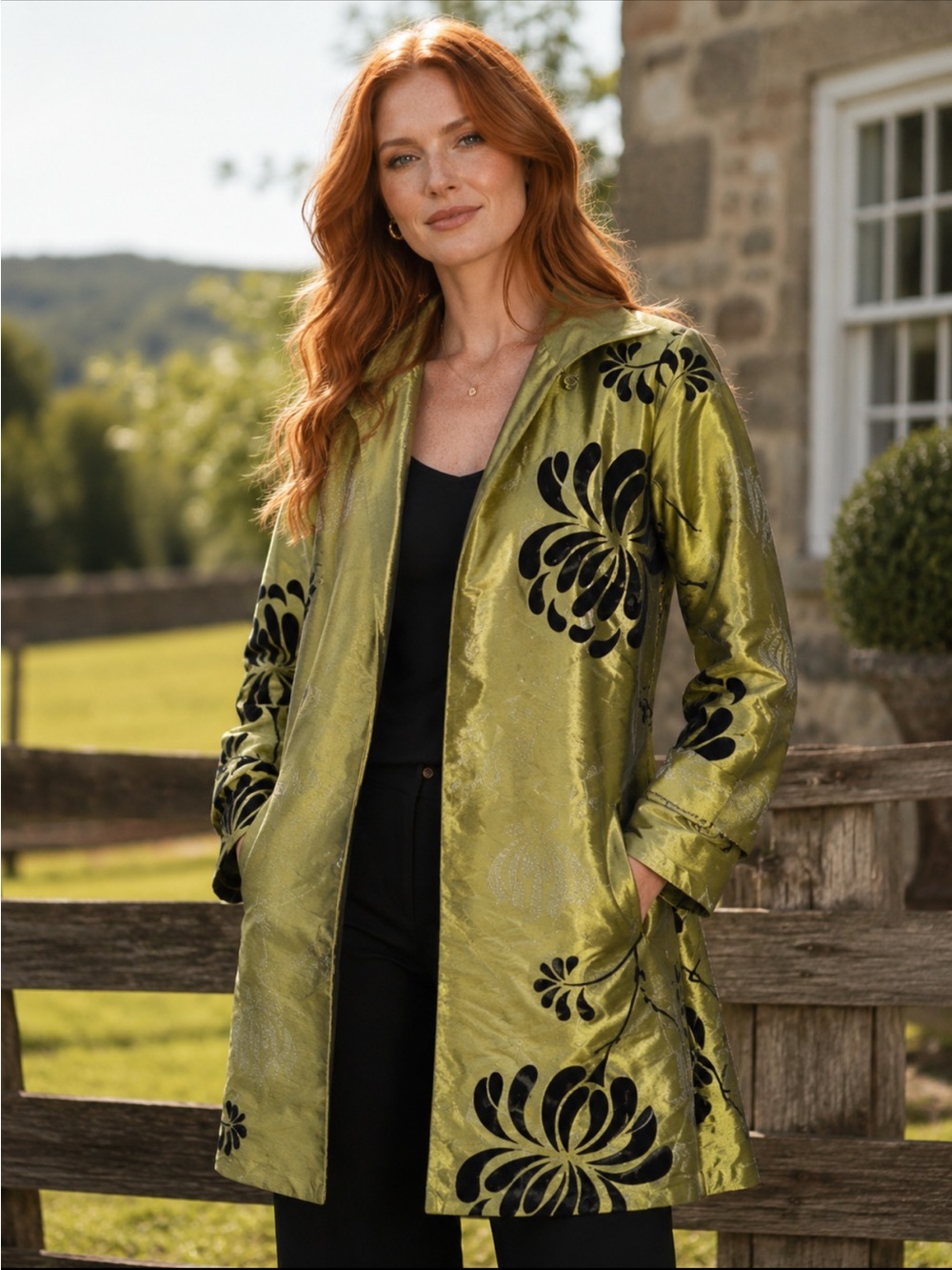 Grace Chuang Formal Jacket L Green Satin Black Felt Floral
Kimono Sz M